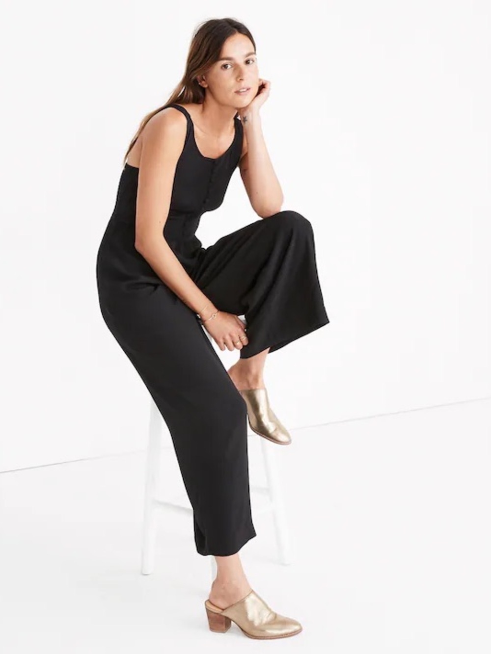 Madewell Smocked Button Front Wide Leg Jumpsuit Black Size 14